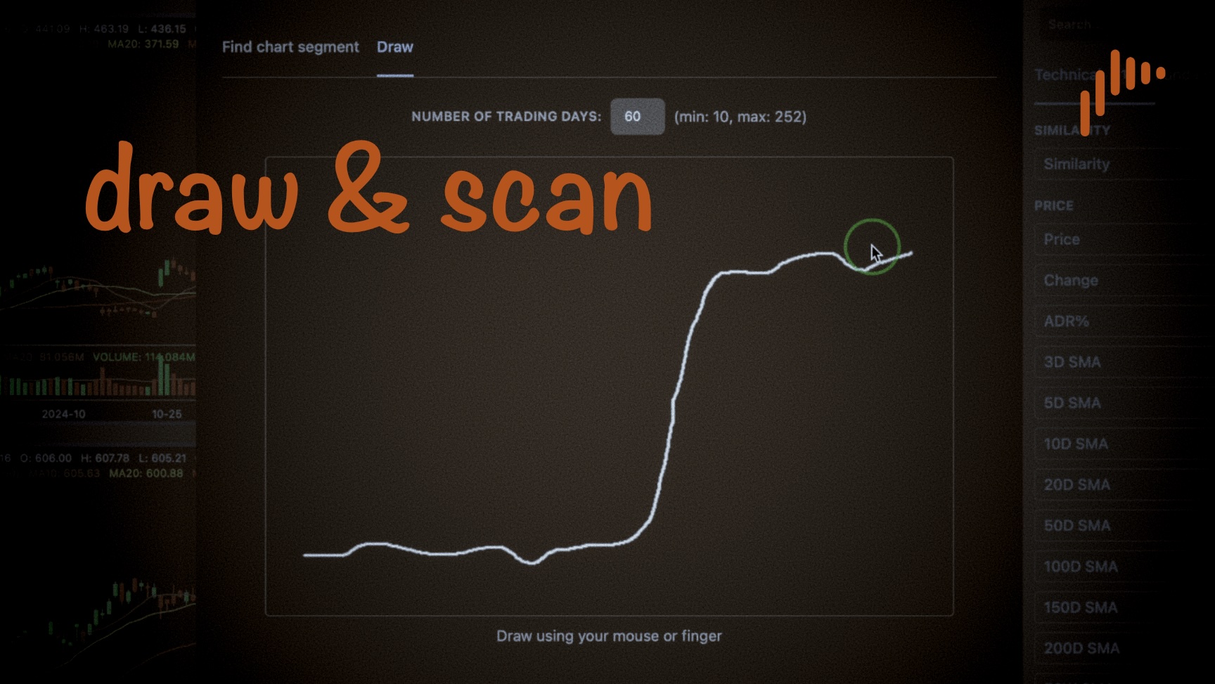 base.report’s draw-and-scan feature with a hand-drawn stock chart pattern